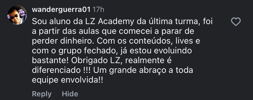 Print de depoimento de aluno da LZ Academy