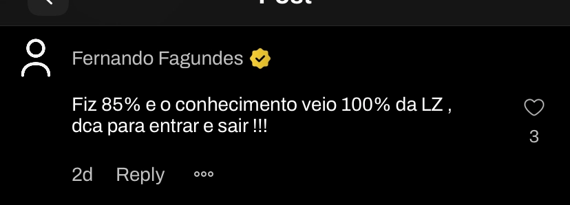 Print de depoimento de aluno da LZ Academy